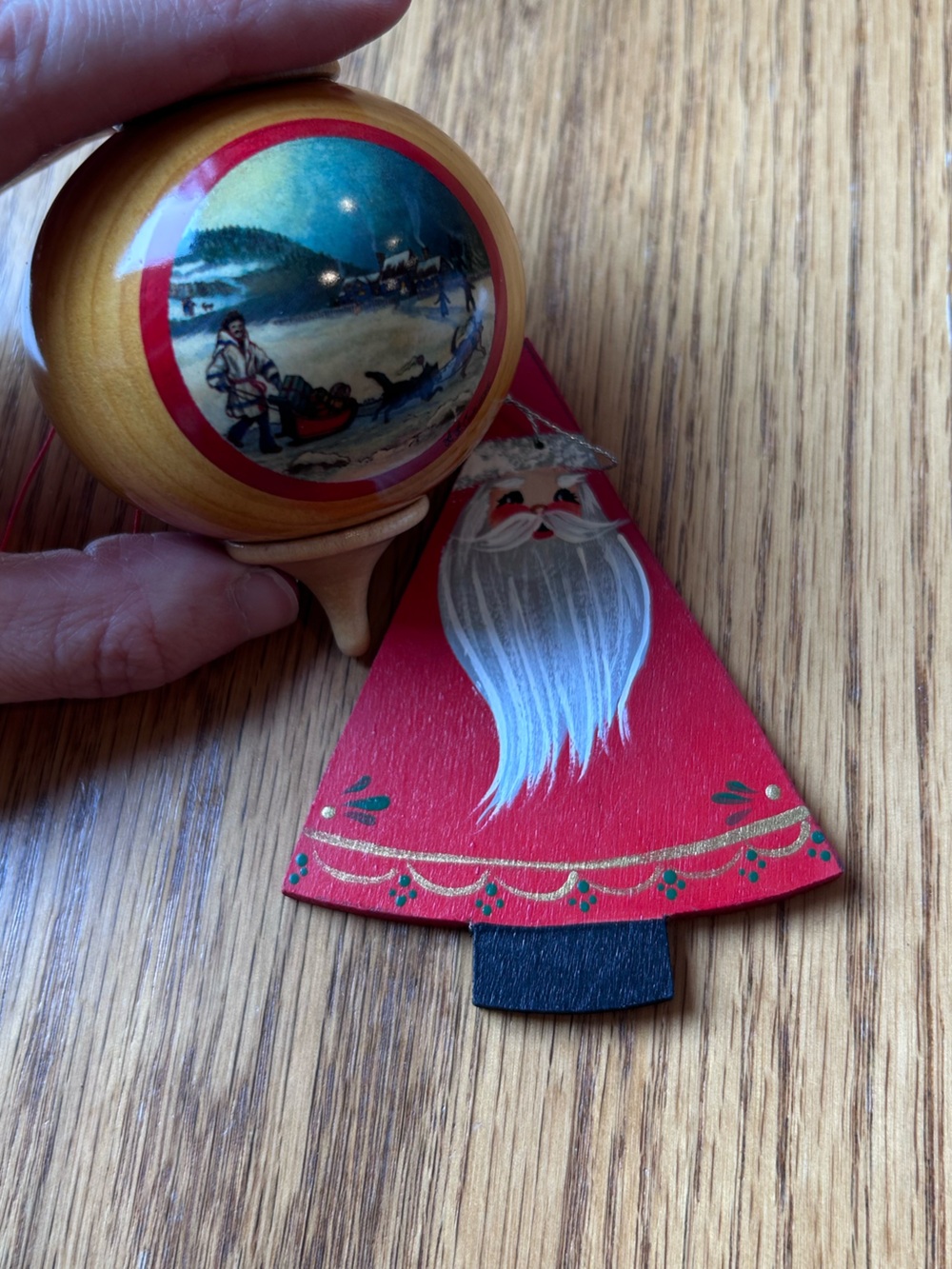 Vintage Hand-Painted Santa Ornament and Wooden Ball with Secret Compartment
